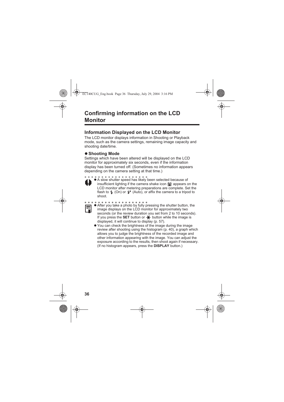 Confirming information on the lcd monitor | Canon CEL-SE65A210 User Manual | Page 39 / 210