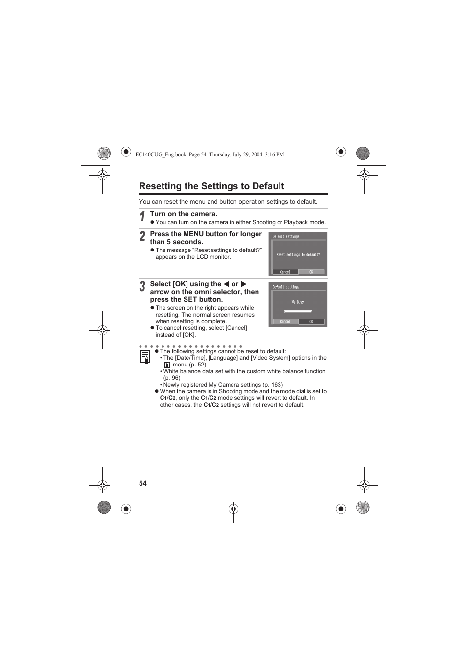 Resetting the settings to default | Canon CEL-SE65A210 User Manual | Page 57 / 210