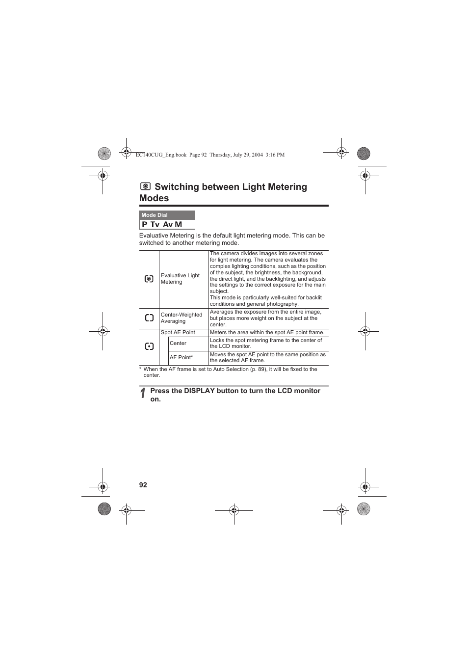 Switching between light metering modes | Canon CEL-SE65A210 User Manual | Page 95 / 210
