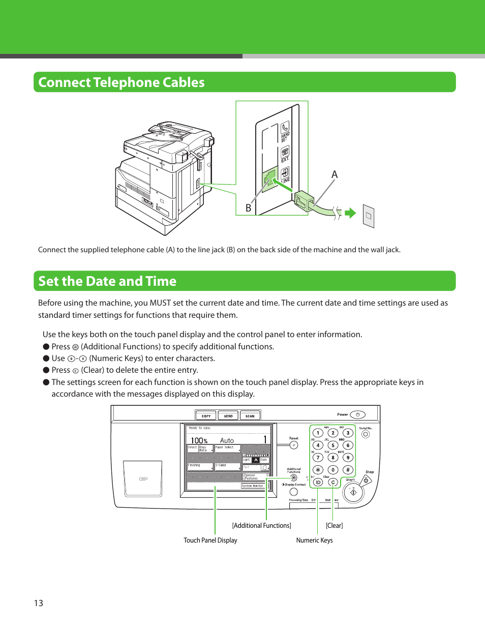 Connect telephone cables, Set the date and time | Canon IMAGECLASS MF7400 User Manual | Page 14 / 40