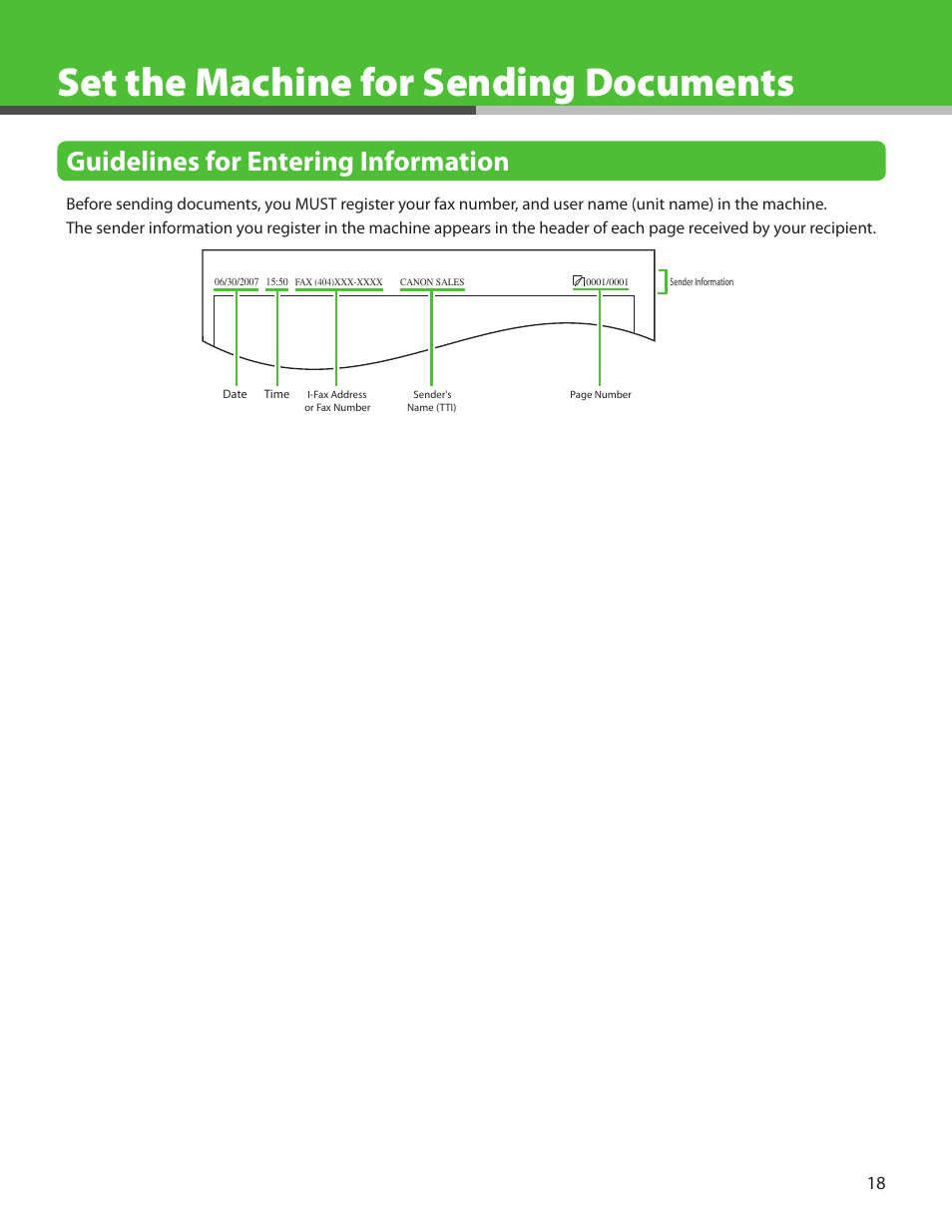Set the machine for sending documents, Guidelines for entering information | Canon IMAGECLASS MF7400 User Manual | Page 19 / 40