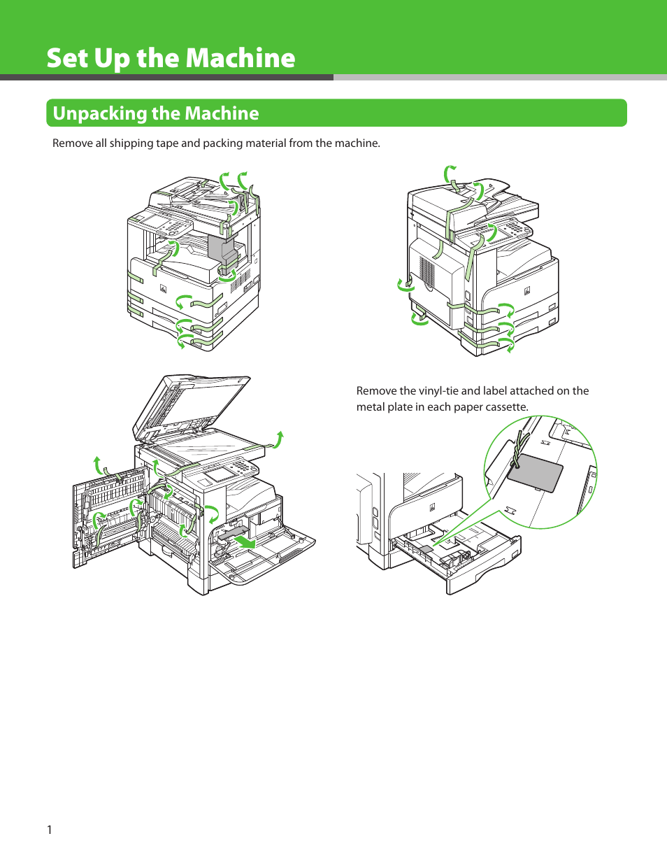 Set up the machine, Unpacking the machine | Canon IMAGECLASS MF7400 User Manual | Page 2 / 40