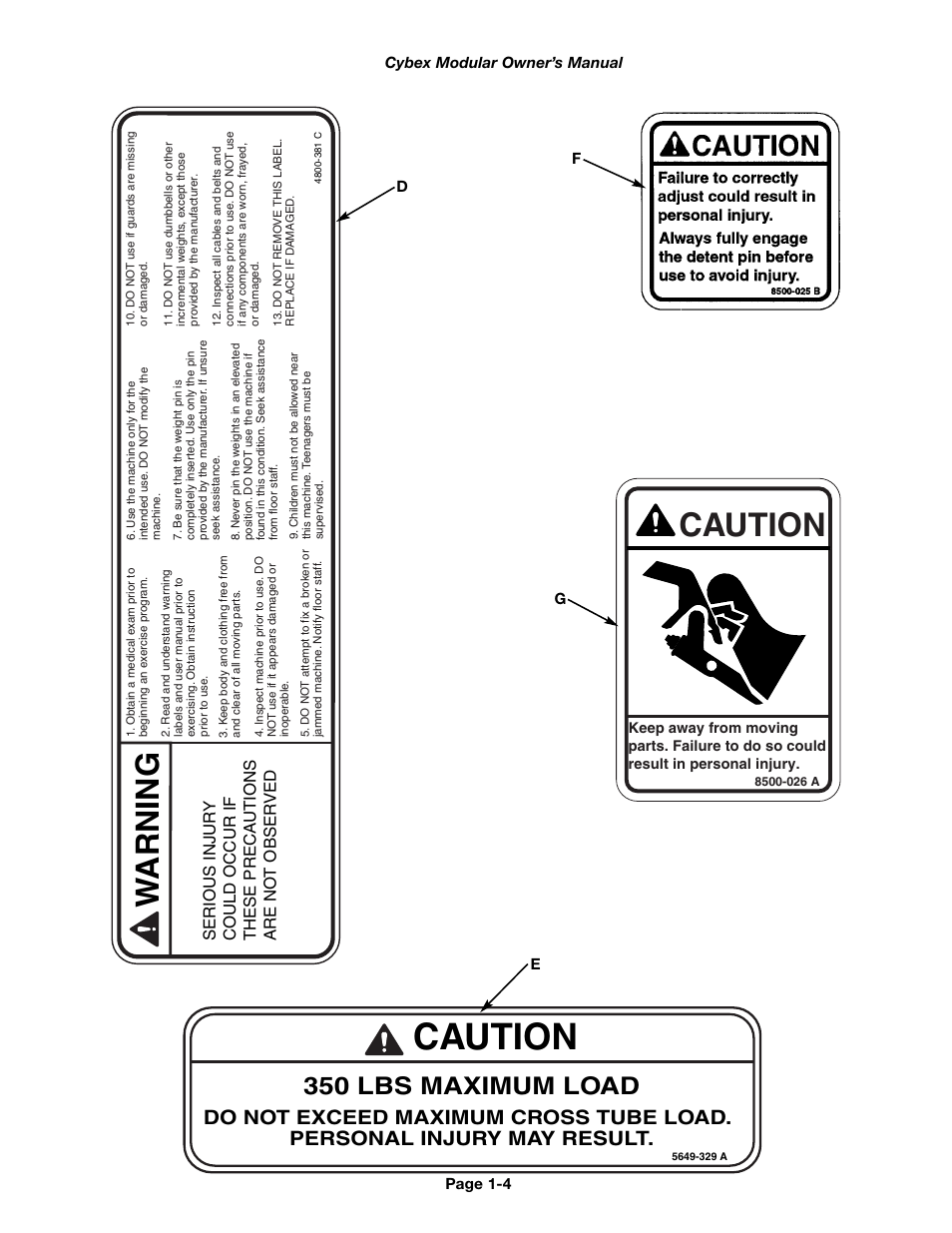 Caution, Warning, 350 lbs maximum load | Cybex 55620H Modular User Manual | Page 10 / 190