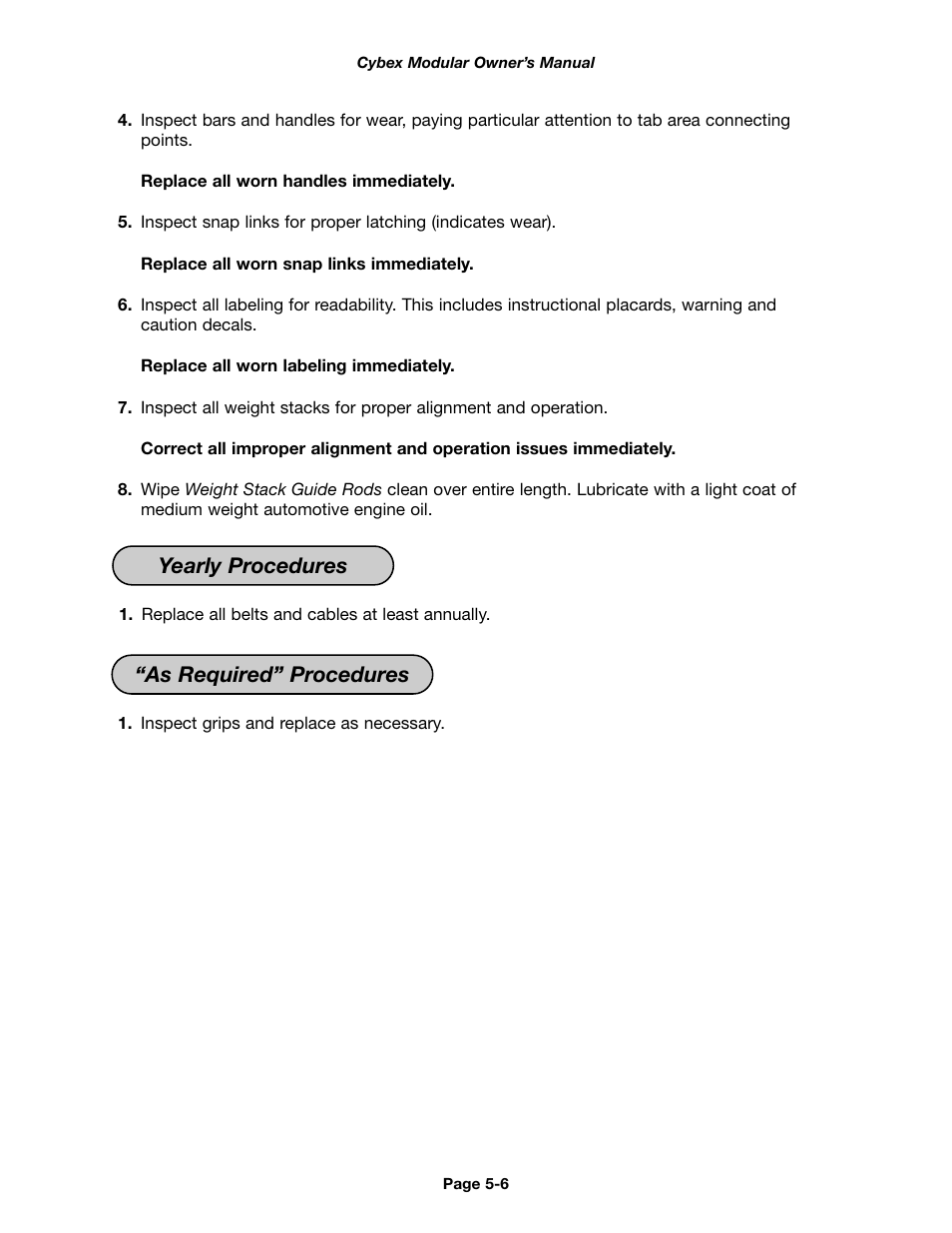 Yearly procedures, As required” procedures | Cybex 55620H Modular User Manual | Page 108 / 190