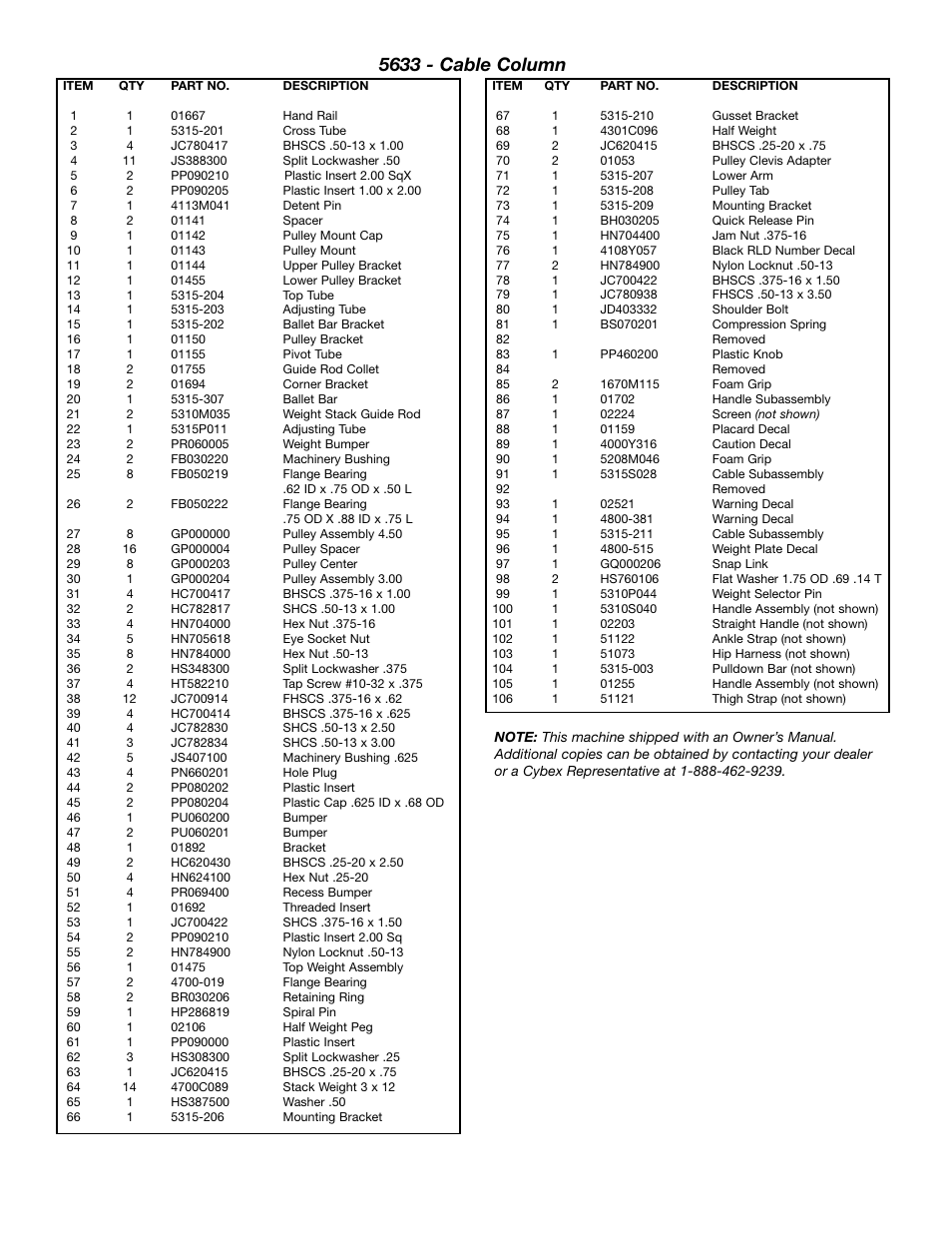 5633 - cable column | Cybex 55620H Modular User Manual | Page 148 / 190