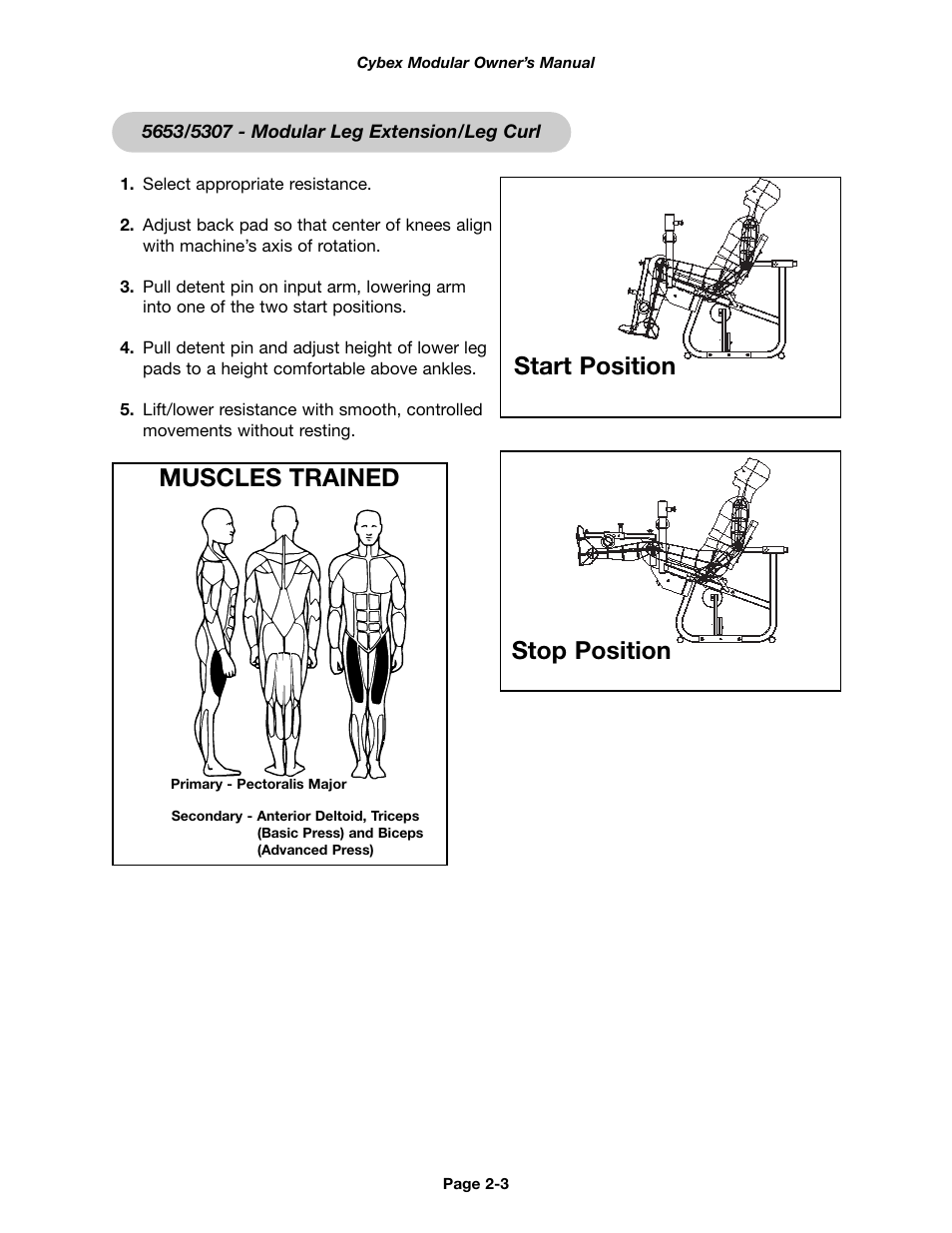 Muscles trained, Start position stop position | Cybex 55620H Modular User Manual | Page 27 / 190