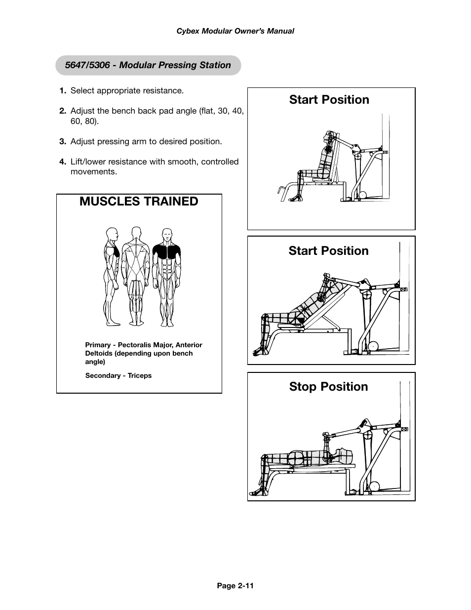 Muscles trained, Start position, Start position stop position | Cybex 55620H Modular User Manual | Page 35 / 190