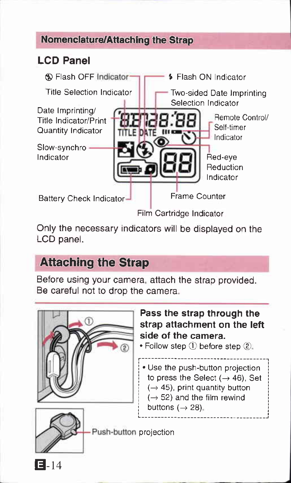 Nomenclature/attaching the strap lcd panel, Attaching the strap | Canon IXUS Z70 User Manual | Page 14 / 57
