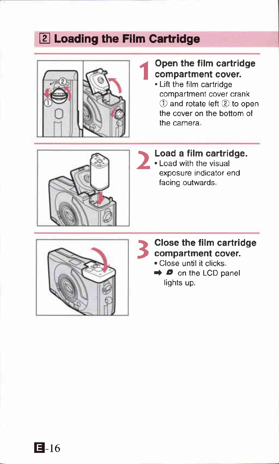Loading the film cartridge, Open the film cartridge compartment cover, Load a film cartridge | U loading the film cartridge | Canon IXUS Z70 User Manual | Page 16 / 57
