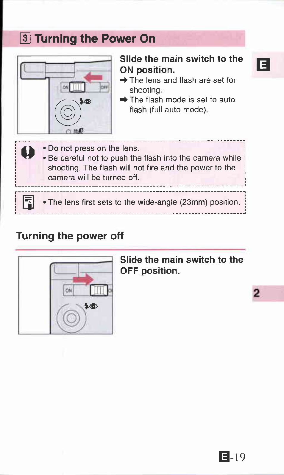 U turning the power on, Slide the main switch to the on position, Turning the power off | Slide the main switch to the off position, U] turning the power on | Canon IXUS Z70 User Manual | Page 19 / 57