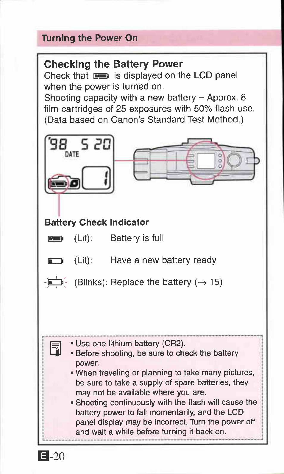 Turning the power on, Checking the battery power, Battery check indicator | Canon IXUS Z70 User Manual | Page 20 / 57