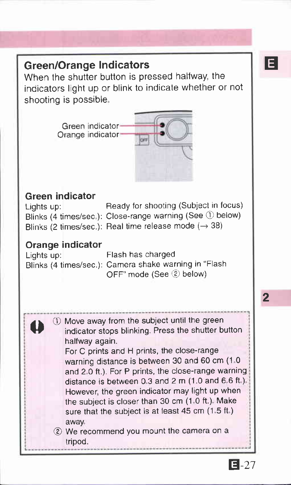 Green/orange indicators, Green indicator, Orange indicator | Canon IXUS Z70 User Manual | Page 27 / 57