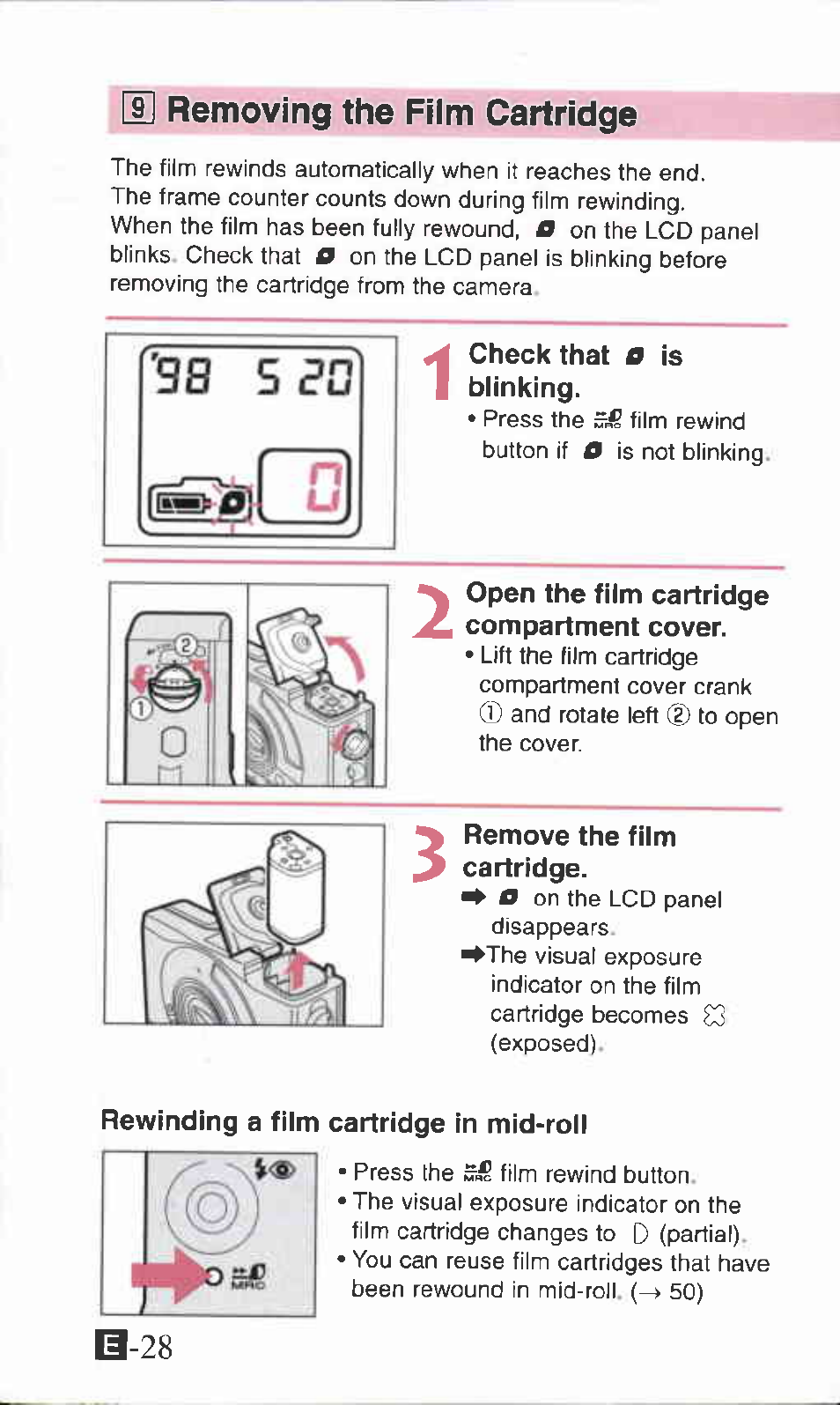 H] removing the film cartridge, Check that 0 is blinking, Open the film cartridge compartment cover | E removing the film cartridge | Canon IXUS Z70 User Manual | Page 28 / 57
