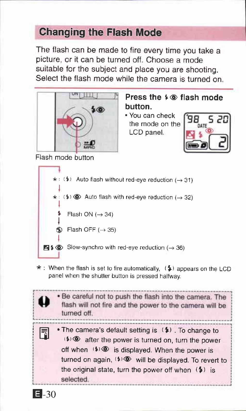 B-30, Changing the flash mode | Canon IXUS Z70 User Manual | Page 30 / 57