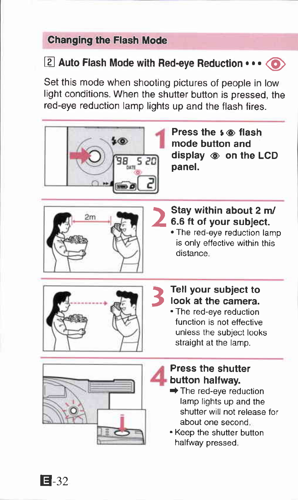 M auto flash mode with red-eye reduction, Stay within about 2 m/ 6.6 ft of your subject, Tell your subject to look at the camera | Changing the flash mode | Canon IXUS Z70 User Manual | Page 32 / 57