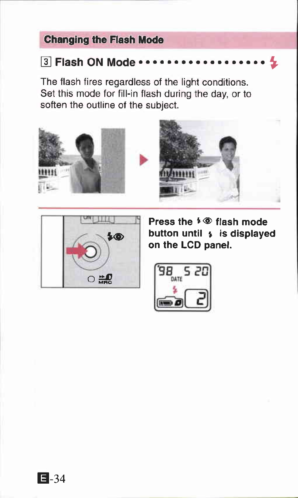 Changing the flash mode [3] flash on mode, B-34 | Canon IXUS Z70 User Manual | Page 34 / 57