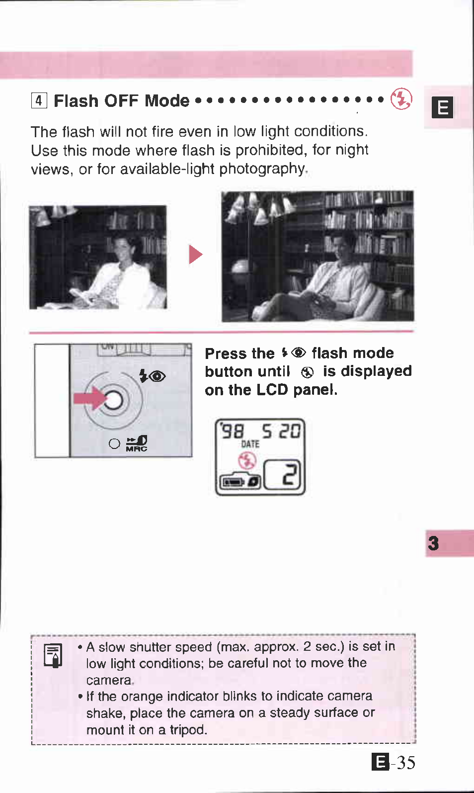 Flash off mode, Flash on mode i, B-35 | Canon IXUS Z70 User Manual | Page 35 / 57