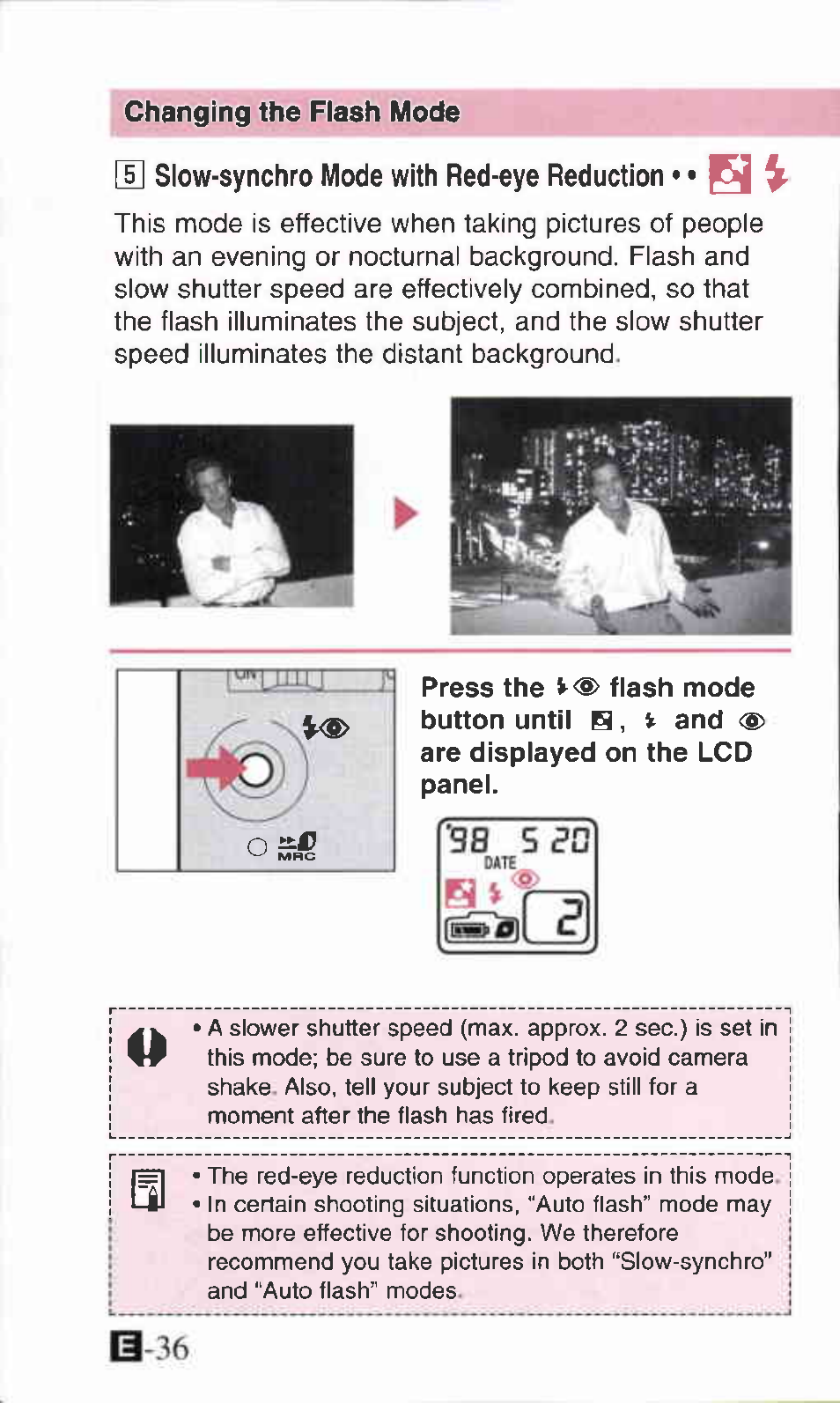 Changing the flash mode, 5] slow-synchro mode with red-eye reduction | Canon IXUS Z70 User Manual | Page 36 / 57