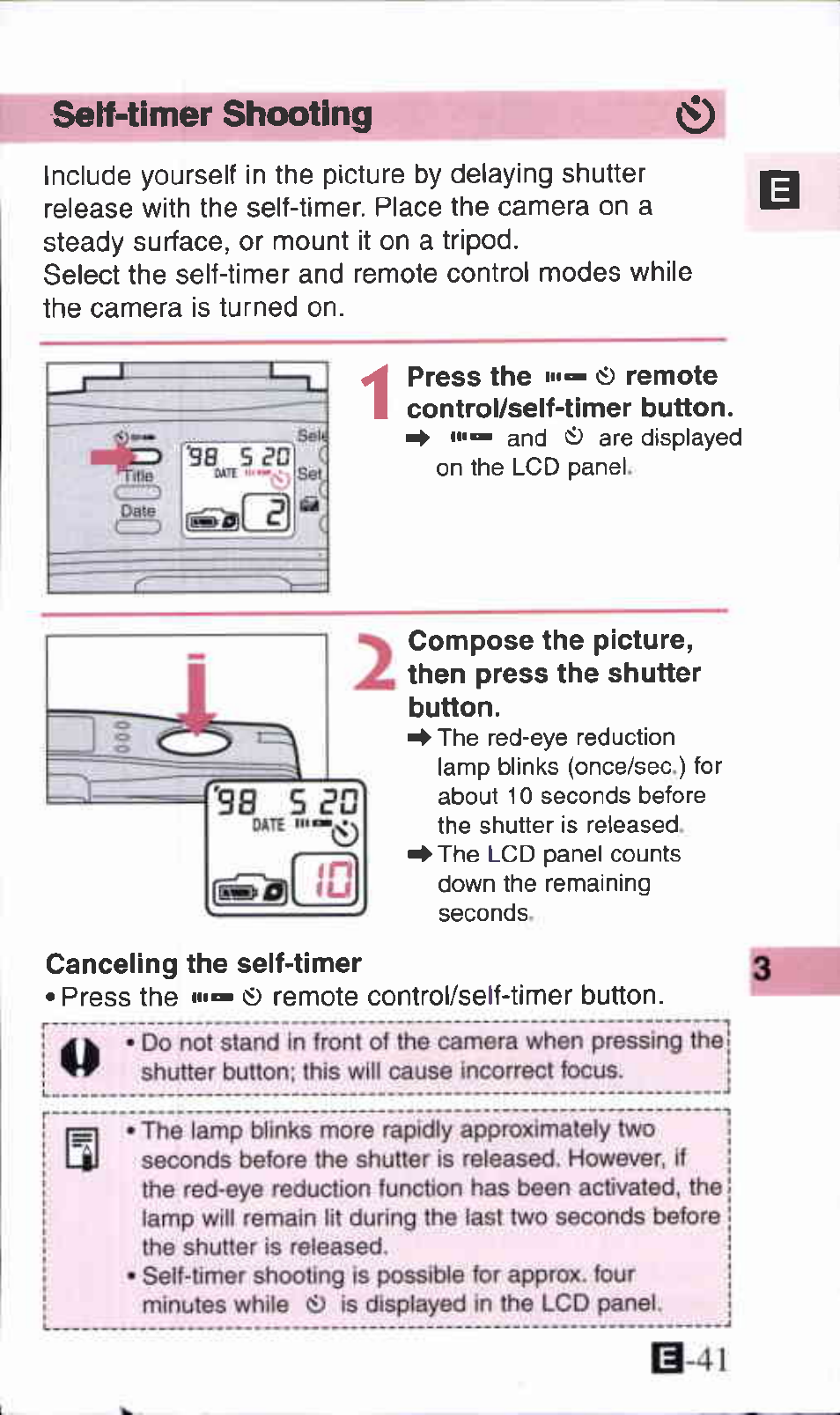 Press the m— <s remote control/self-timer button, Self-tiiner shooting, 5s ssn | Canon IXUS Z70 User Manual | Page 41 / 57
