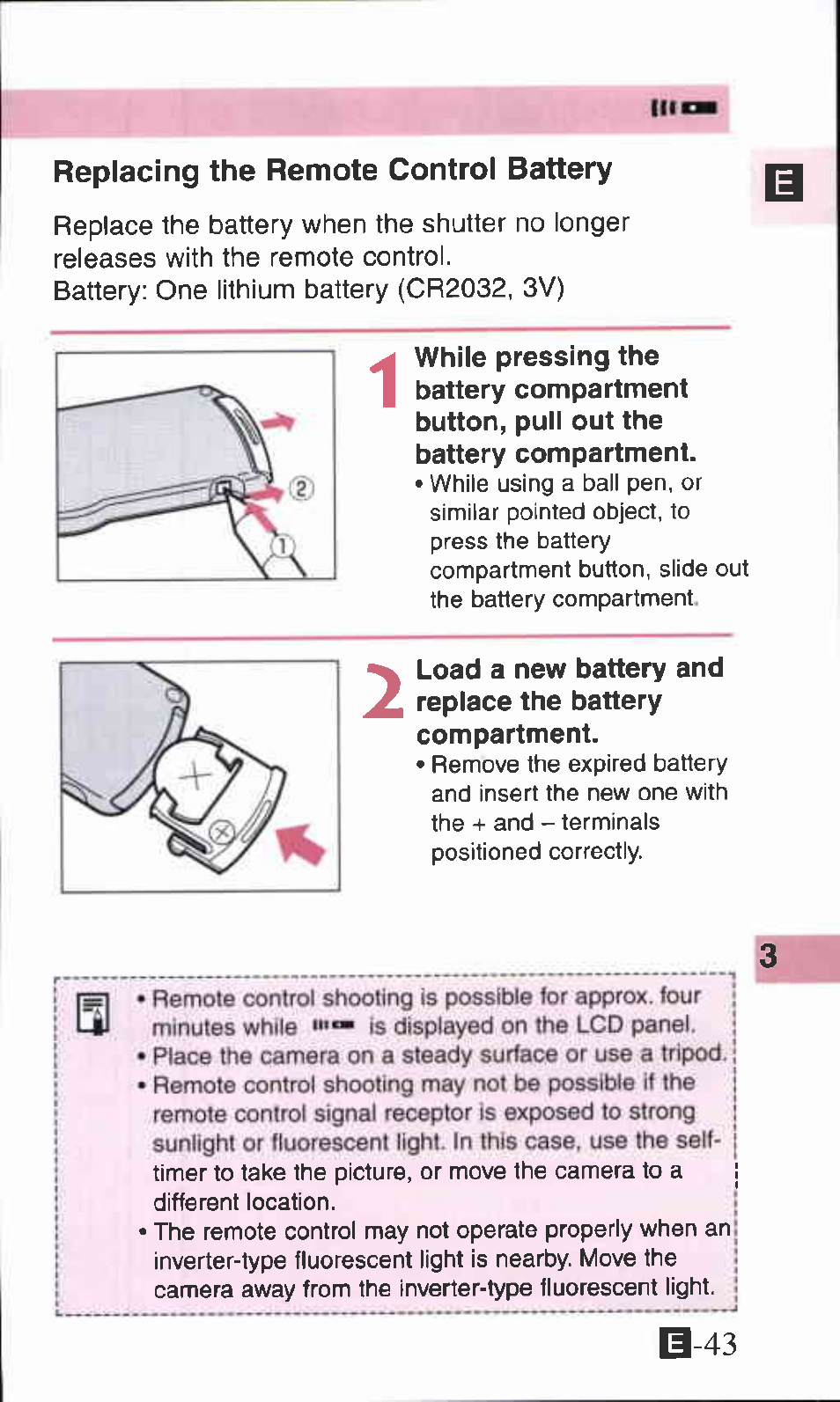Replacing the remote control battery, B-43 | Canon IXUS Z70 User Manual | Page 43 / 57