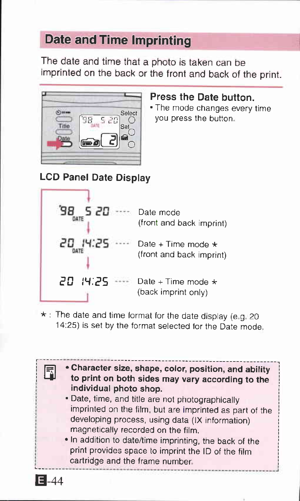 Date and time imprinting, Press the date button, Lcd panel date display | Canon IXUS Z70 User Manual | Page 44 / 57