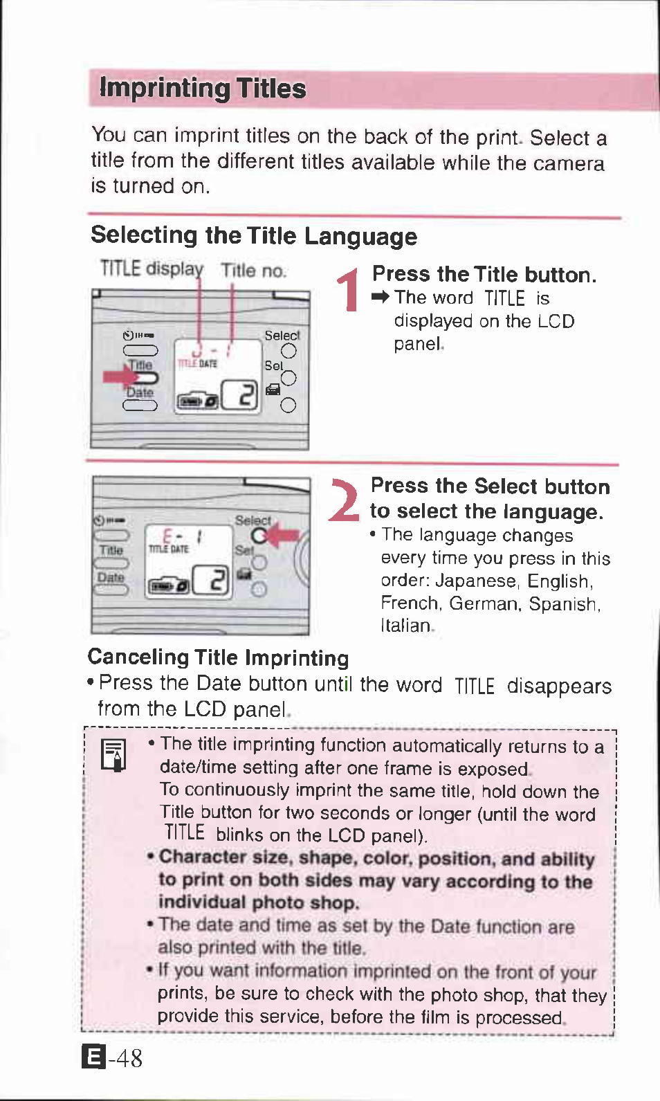 Imprinting tities, Press the title button, Imprinting titles | S-48, Selecting the title language | Canon IXUS Z70 User Manual | Page 48 / 57