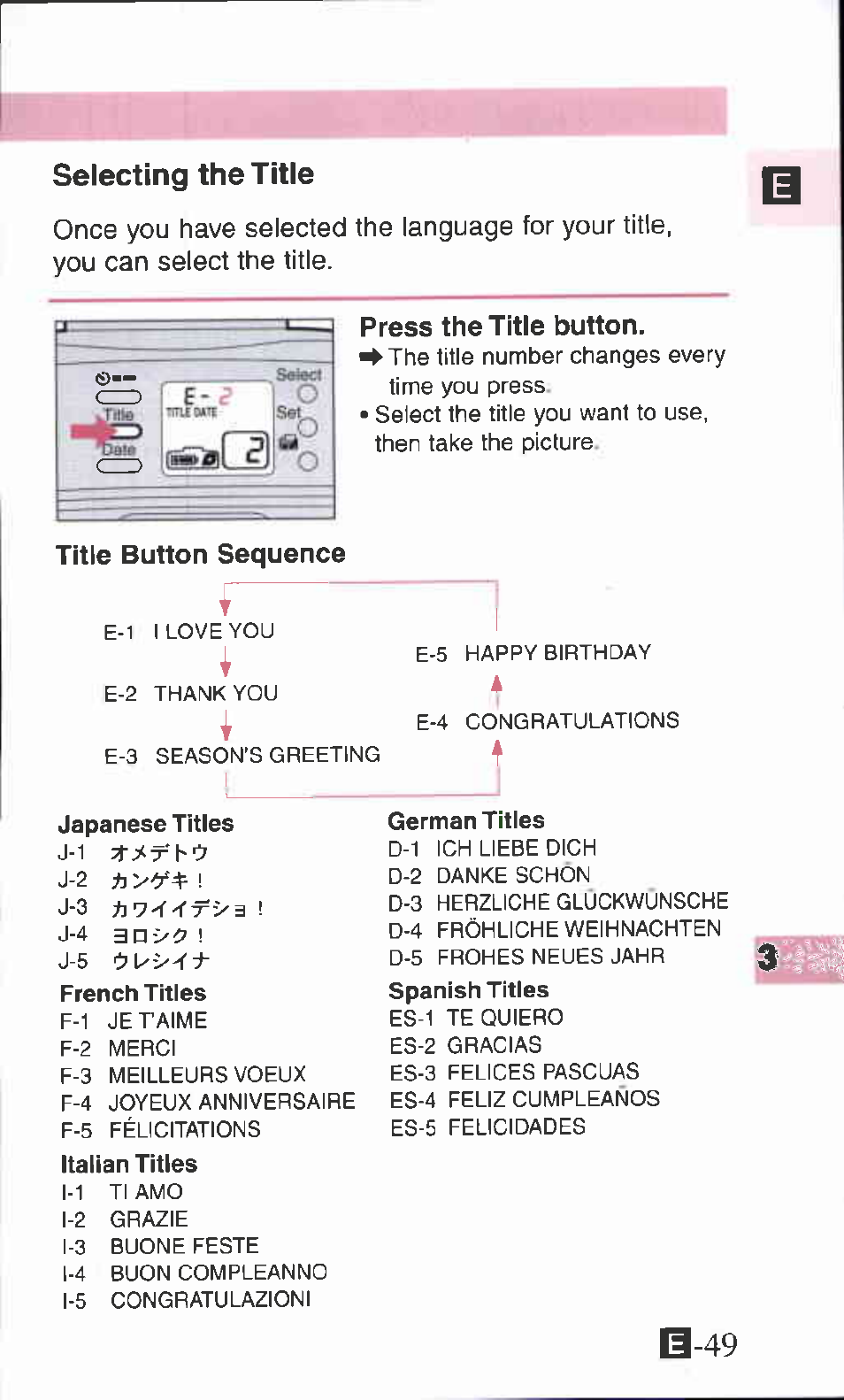 Selecting the title, Press the title button, Title button sequence | Selecting the title language, B-49 | Canon IXUS Z70 User Manual | Page 49 / 57