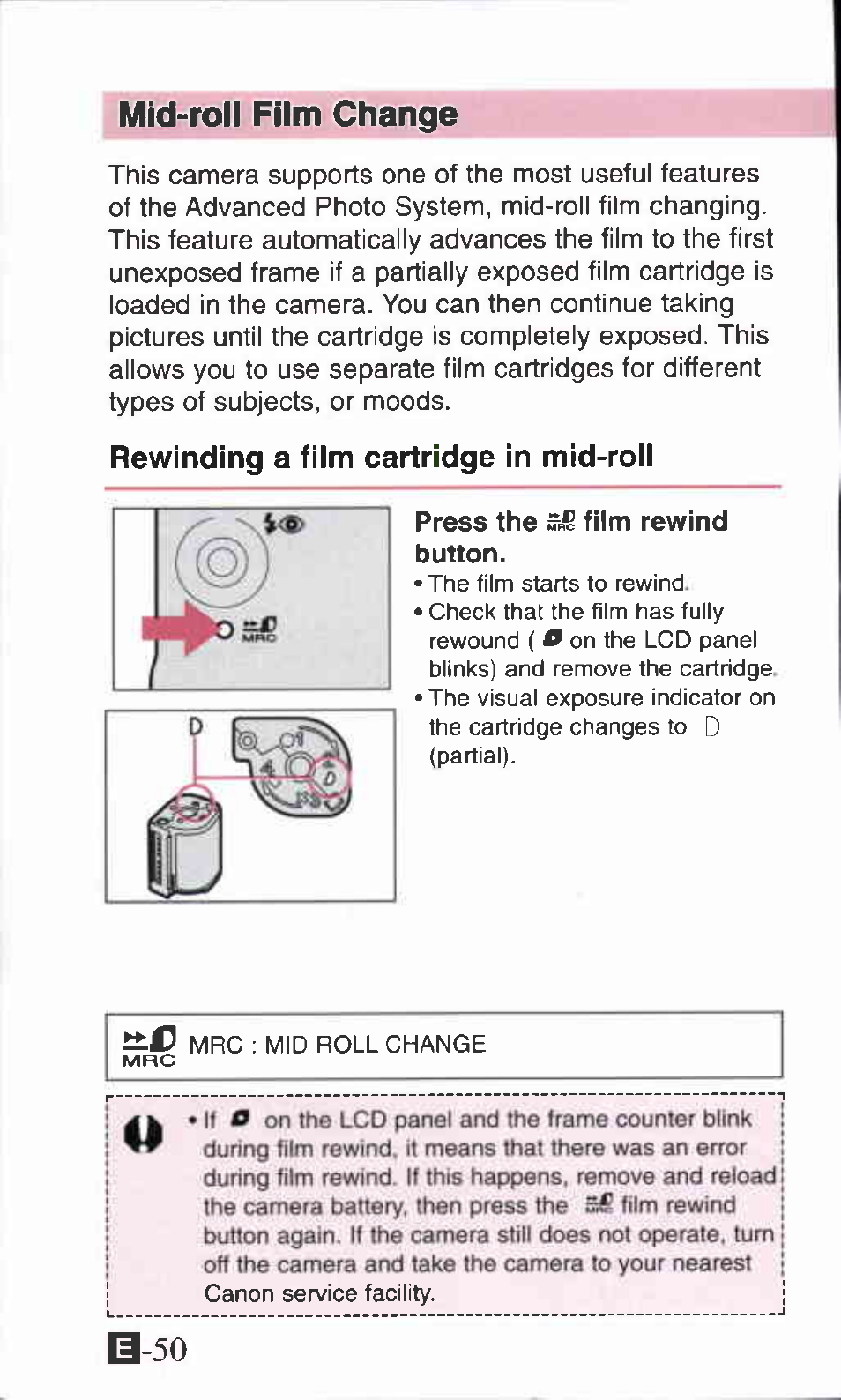 Mid-roll film change, Rewinding a film cartridge in mid-roil, Press the s-js film rewind | Canon IXUS Z70 User Manual | Page 50 / 57