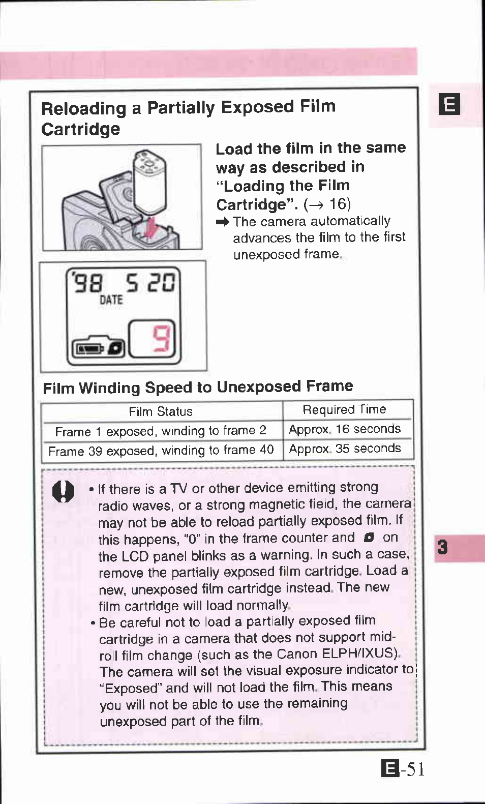 Reloading a partially exposed film cartridge, Film winding speed to unexposed frame | Canon IXUS Z70 User Manual | Page 51 / 57
