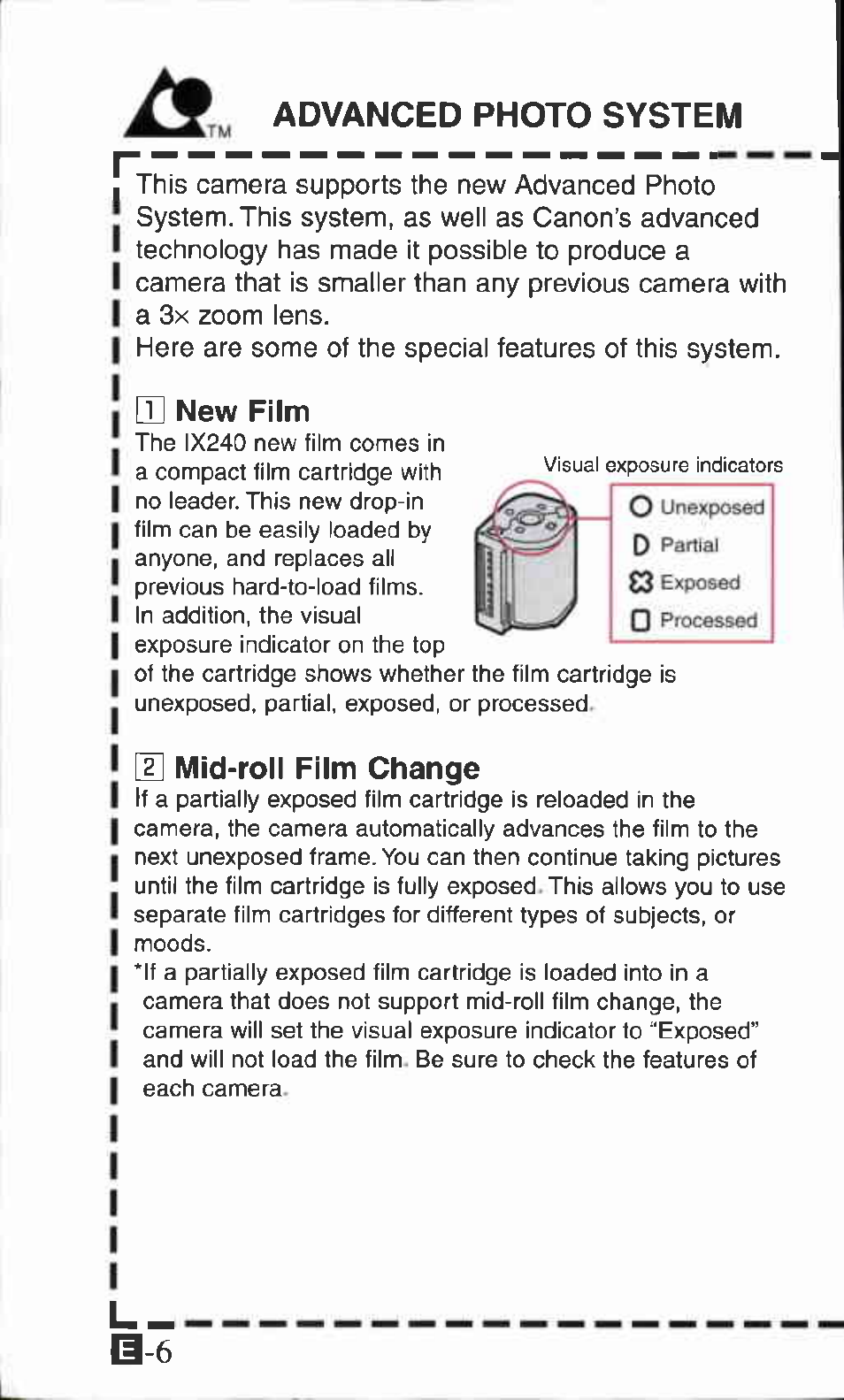 Advanced photo system, N new film, H] mid-roll film change | Advanced photo system features | Canon IXUS Z70 User Manual | Page 6 / 57