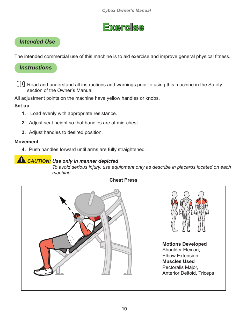 Exercise, Intended use, Instructions | Cybex 16080 Plate Loaded Chest Press User Manual | Page 10 / 18