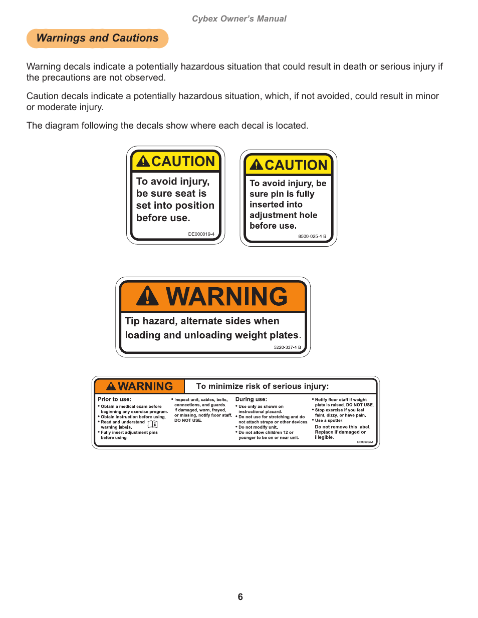 Warnings and cautions, Caution, Caution, decal english | Decal, warning english, Owatonna, Cybex owner’s manual | Cybex 16080 Plate Loaded Chest Press User Manual | Page 6 / 18