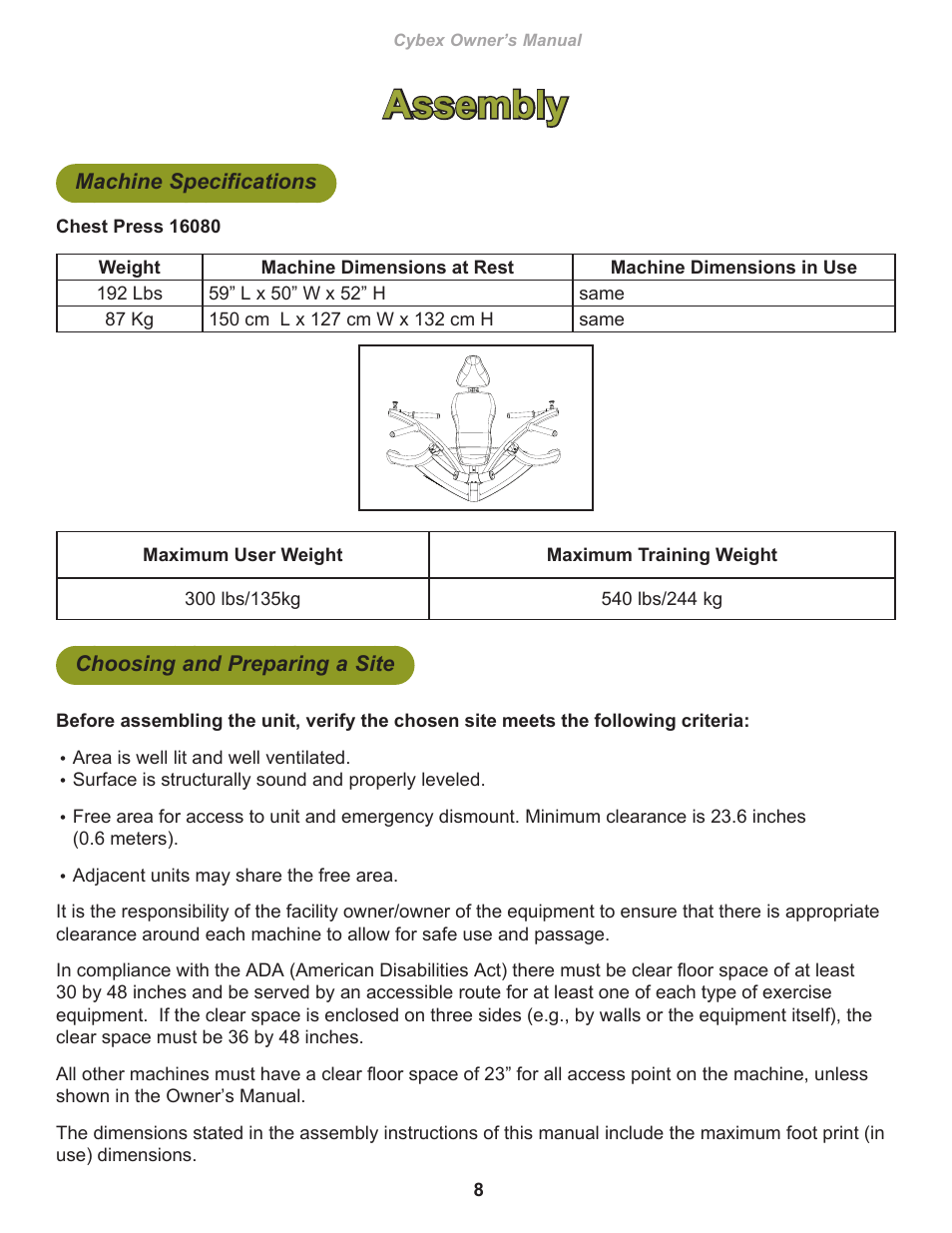 Assembly, Machine specifications, Choosing and preparing a site | Cybex 16080 Plate Loaded Chest Press User Manual | Page 8 / 18