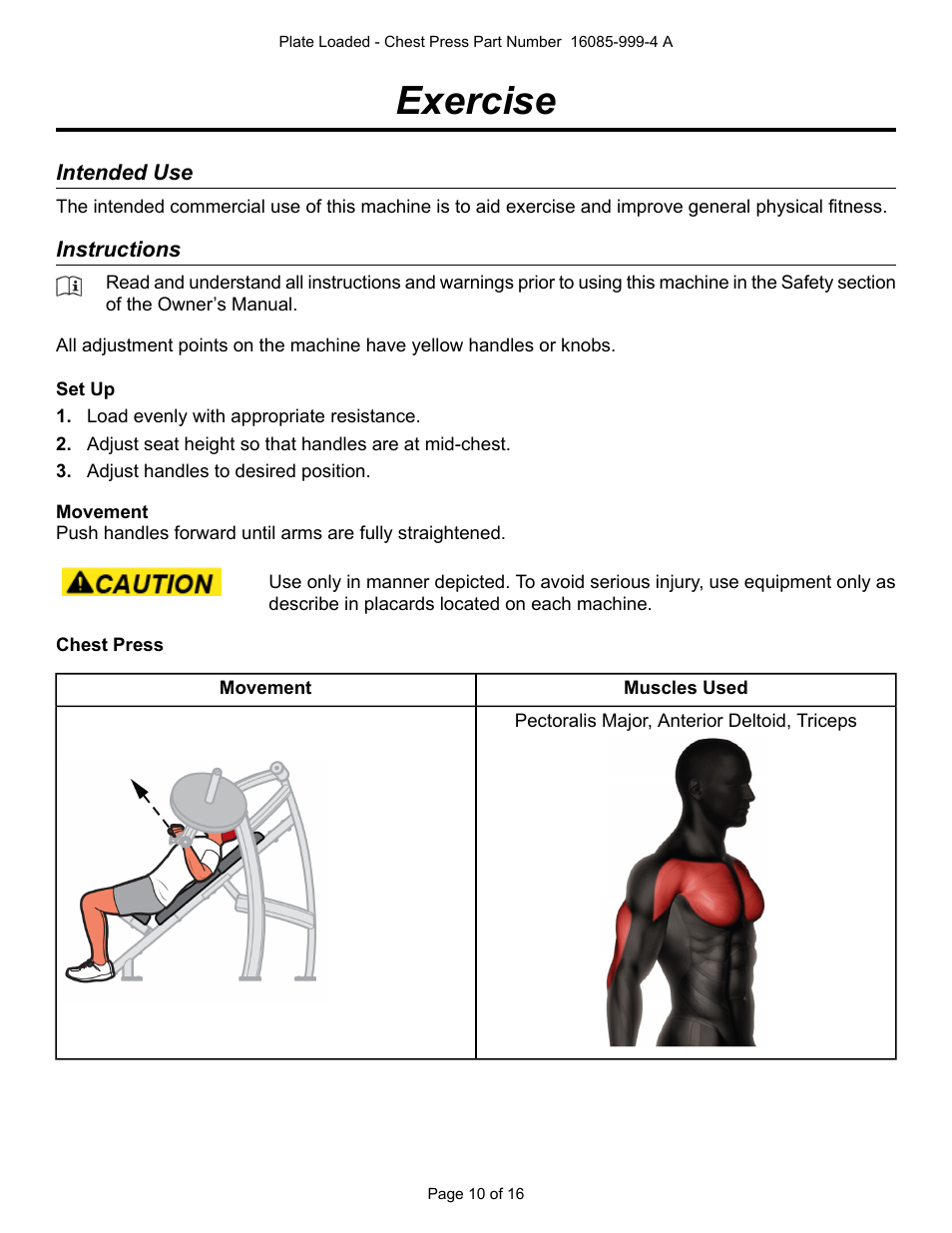 Exercise, Intended use, Instructions | Cybex 16085 Plate Loaded Chest Press User Manual | Page 10 / 16