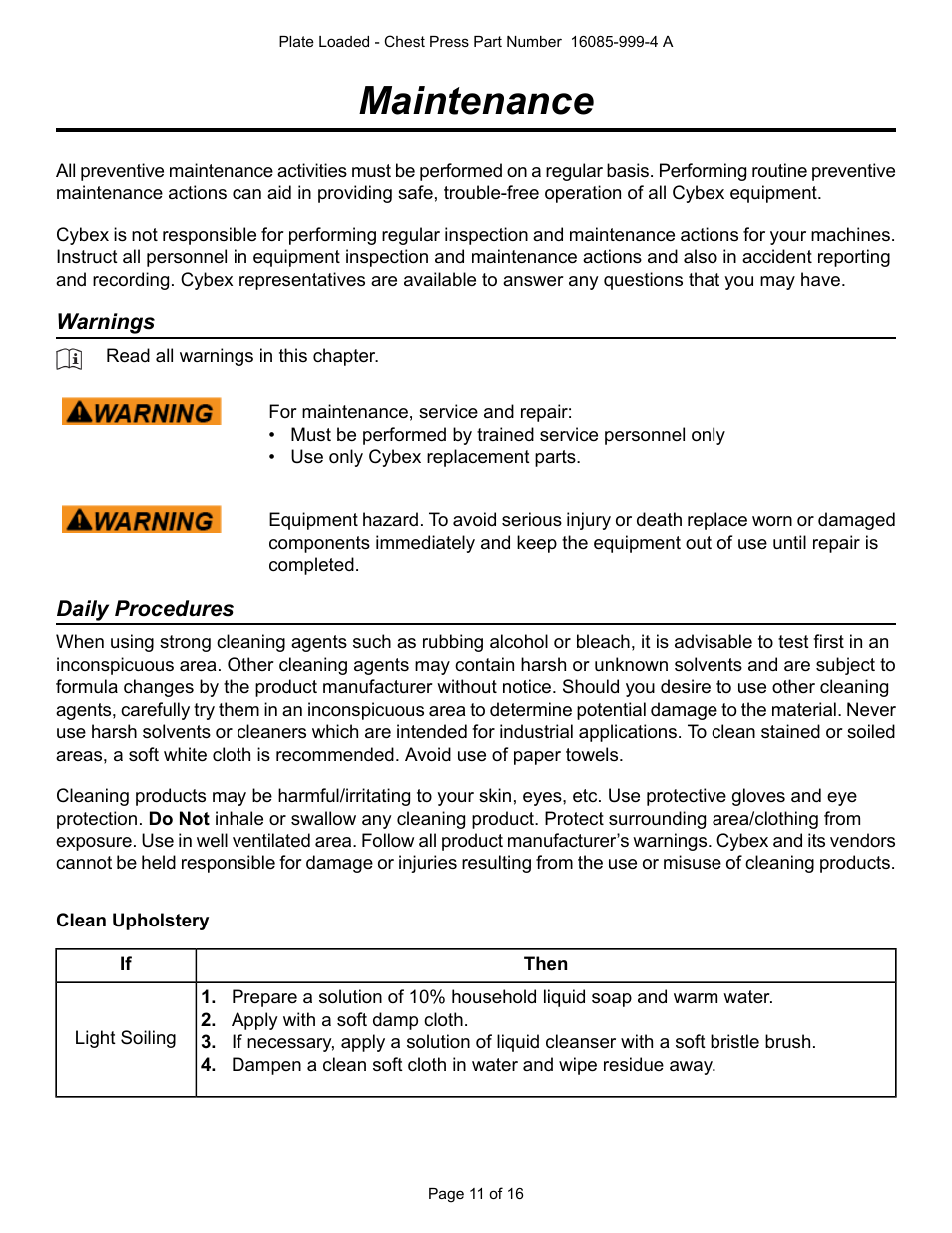 Maintenance, Warnings, Daily procedures | Cybex 16085 Plate Loaded Chest Press User Manual | Page 11 / 16