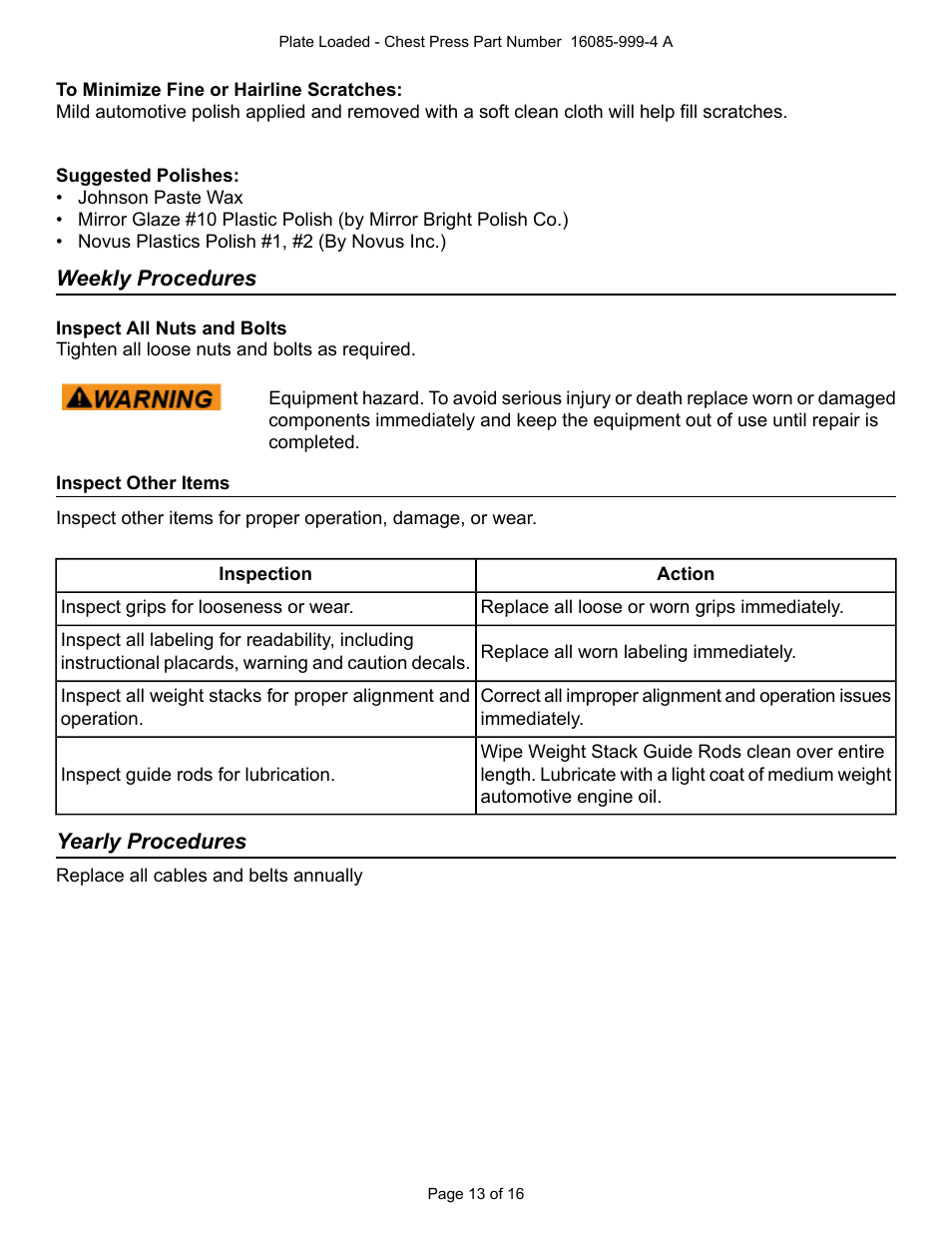 Weekly procedures, Inspect other items, Yearly procedures | Cybex 16085 Plate Loaded Chest Press User Manual | Page 13 / 16