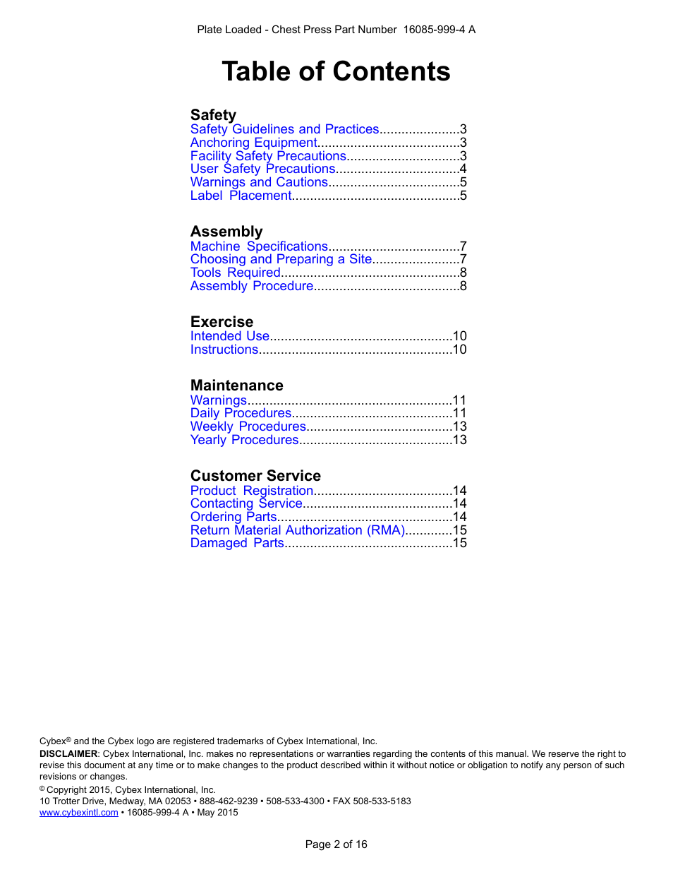 Cybex 16085 Plate Loaded Chest Press User Manual | Page 2 / 16