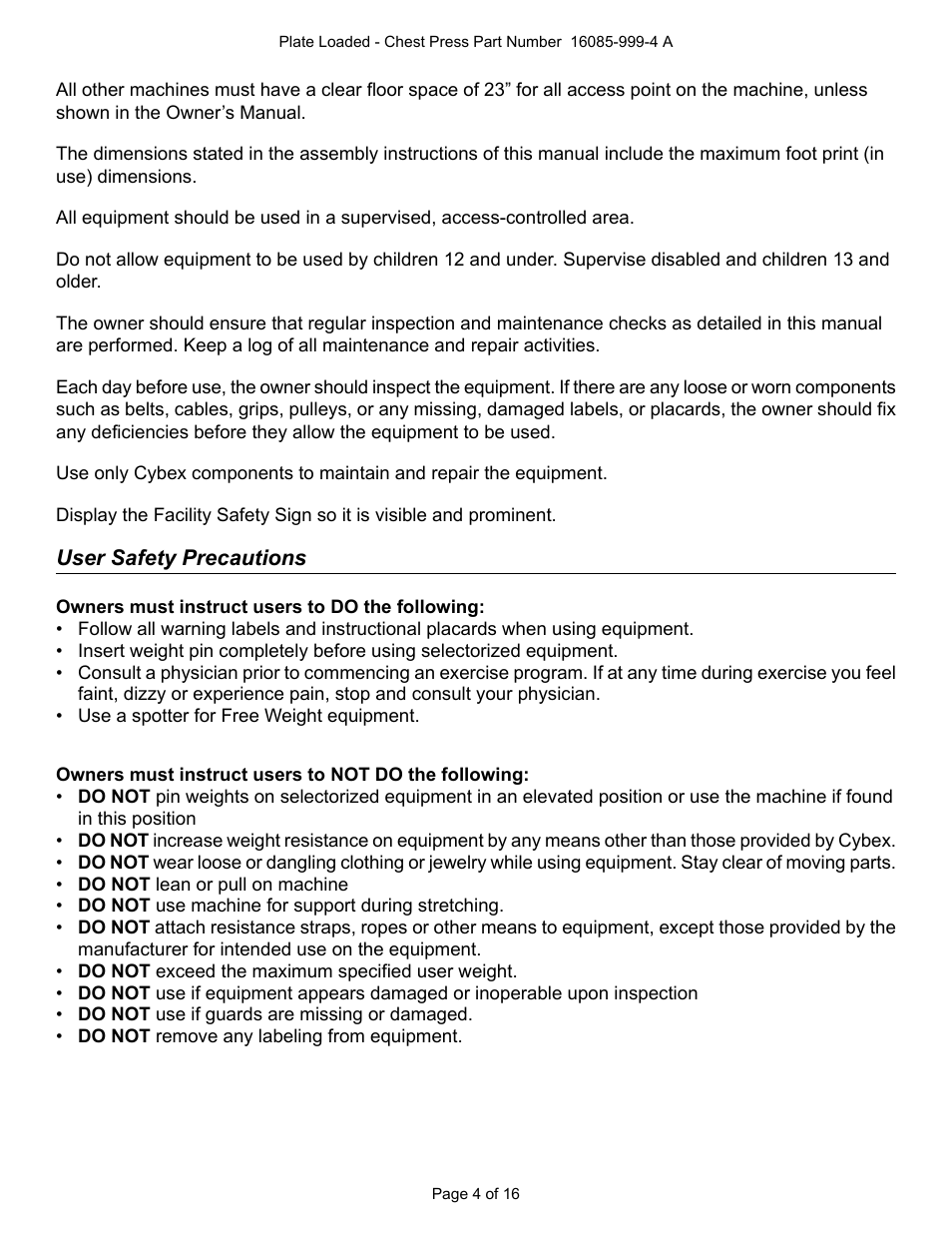 User safety precautions | Cybex 16085 Plate Loaded Chest Press User Manual | Page 4 / 16