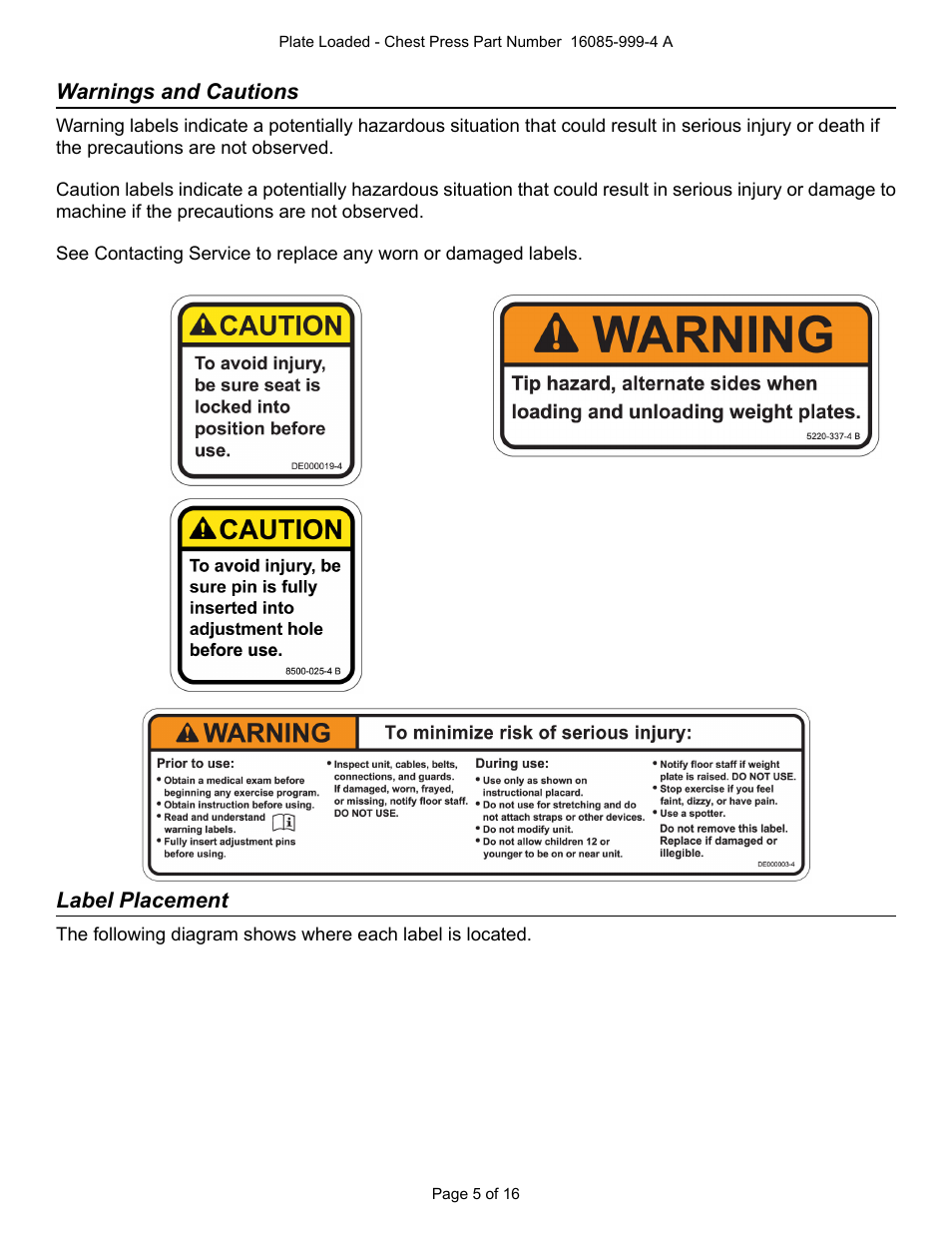 Warnings and cautions, Label placement | Cybex 16085 Plate Loaded Chest Press User Manual | Page 5 / 16