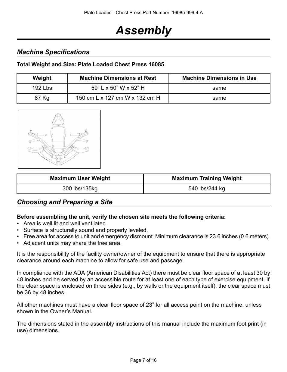 Assembly, Machine specifications, Choosing and preparing a site | Cybex 16085 Plate Loaded Chest Press User Manual | Page 7 / 16