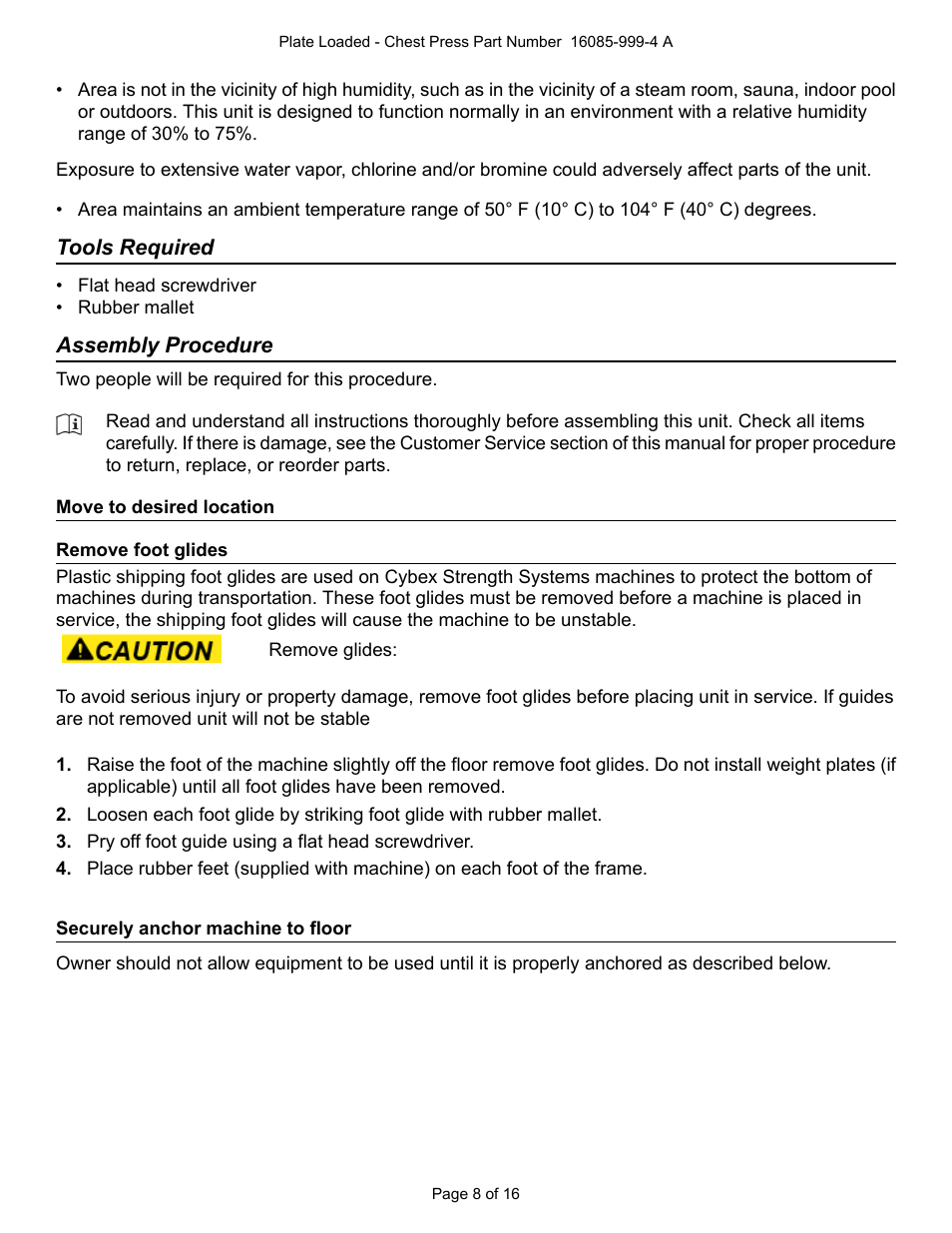 Tools required, Assembly procedure, Move to desired location | Remove foot glides, Securely anchor machine to floor | Cybex 16085 Plate Loaded Chest Press User Manual | Page 8 / 16