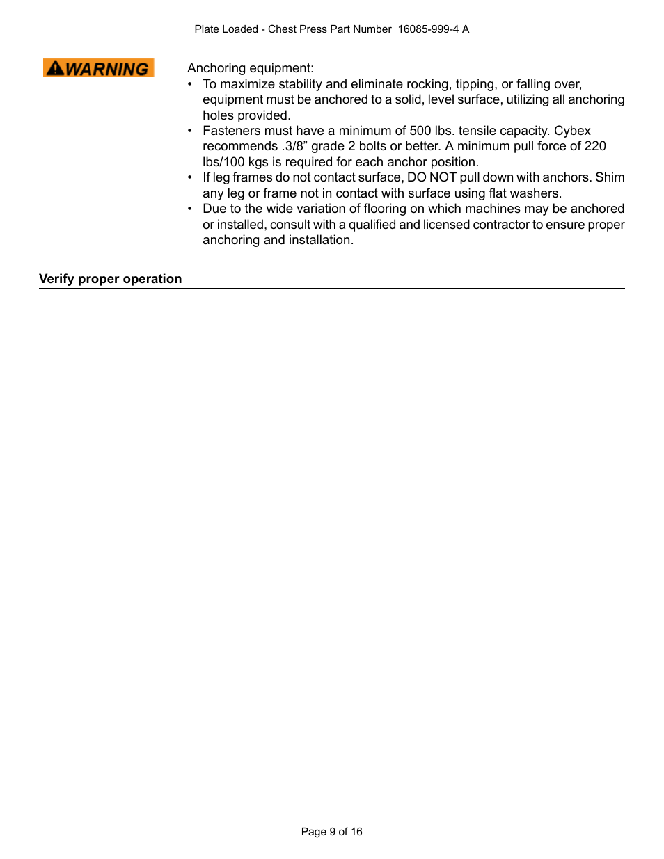 Verify proper operation | Cybex 16085 Plate Loaded Chest Press User Manual | Page 9 / 16