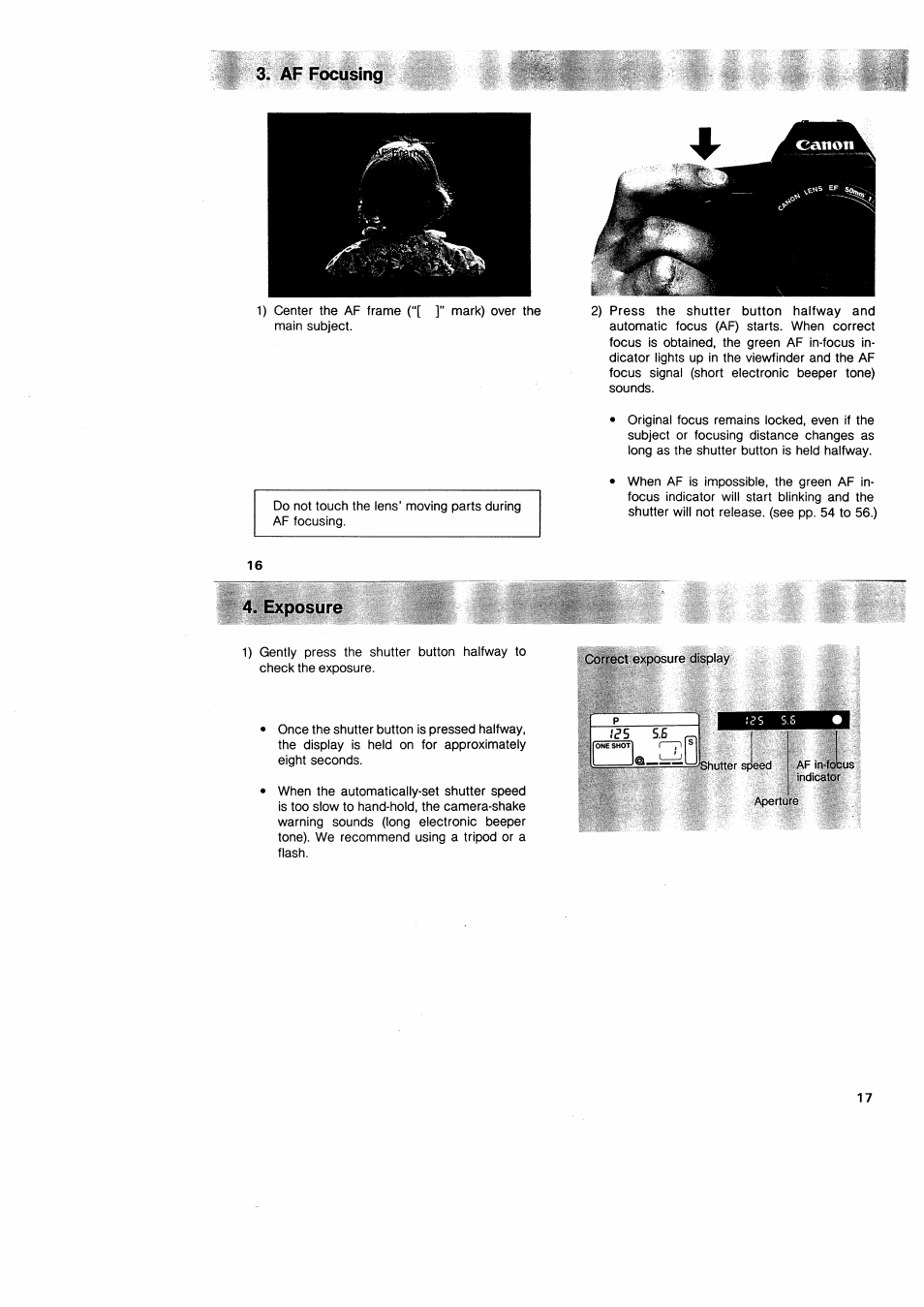 Af focusing, Posure, Af focusing f | Canon EOS 650 User Manual | Page 11 / 45