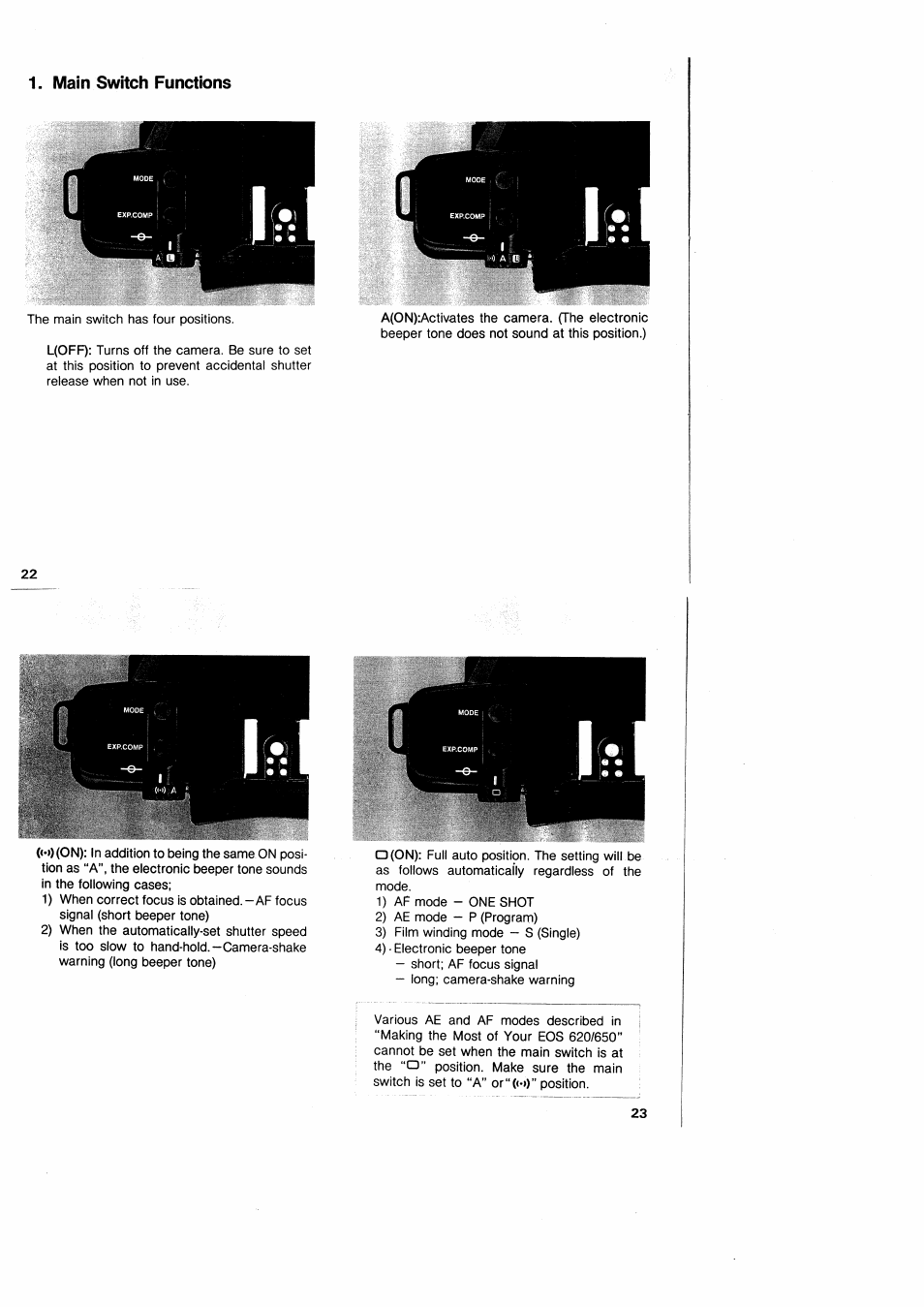 Main switch functions | Canon EOS 650 User Manual | Page 14 / 45