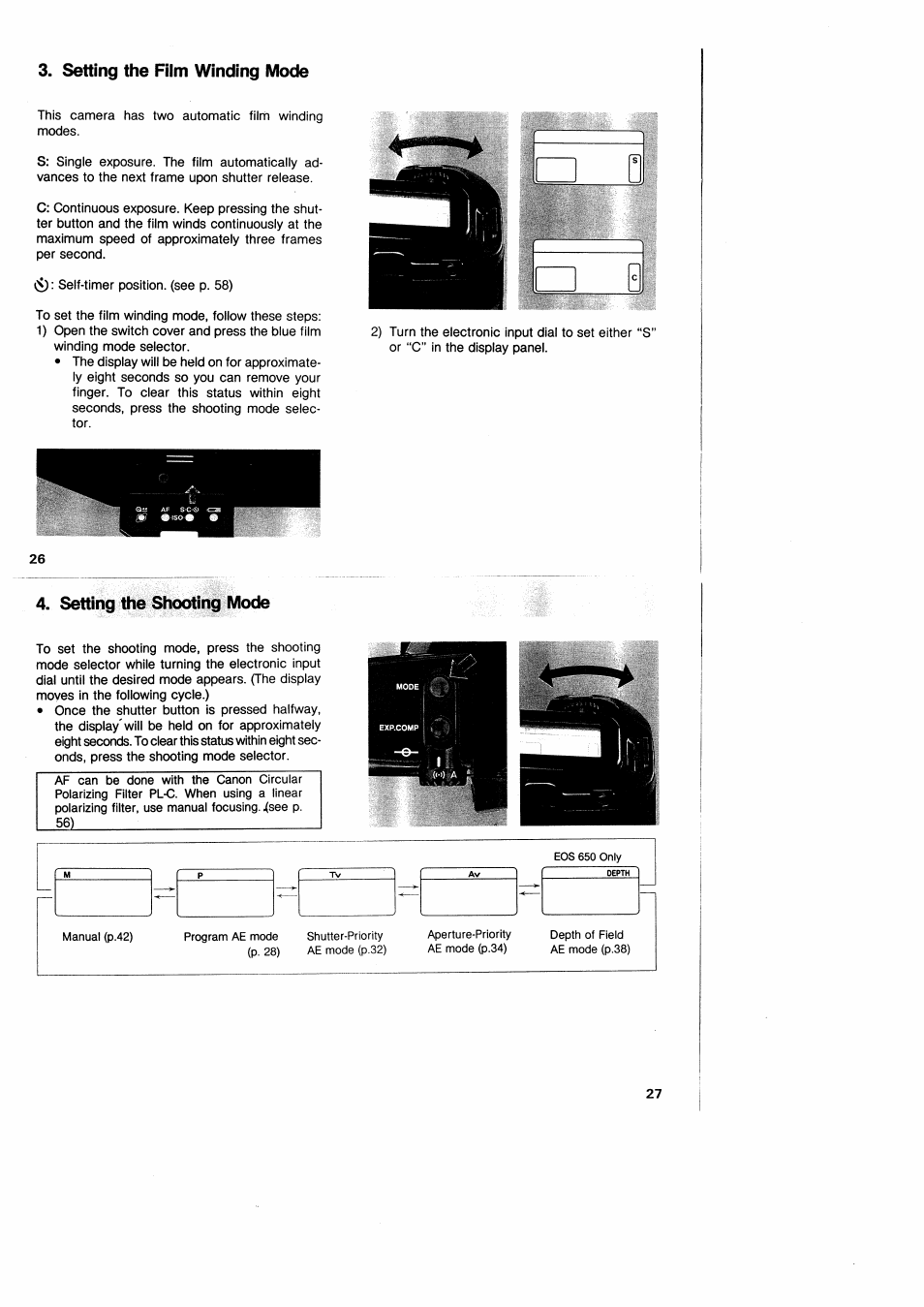 Setting the film winding mode, Setting the shooting mode | Canon EOS 650 User Manual | Page 16 / 45