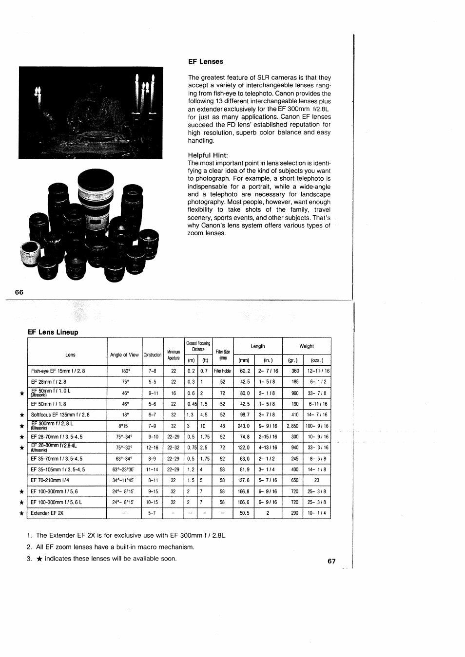 Ef lenses, Ef lens lineup | Canon EOS 650 User Manual | Page 36 / 45