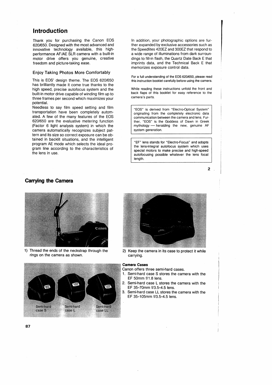 Enjoy taking photos more comfortably, Carrying the camera, Introduction | Canon EOS 650 User Manual | Page 4 / 45