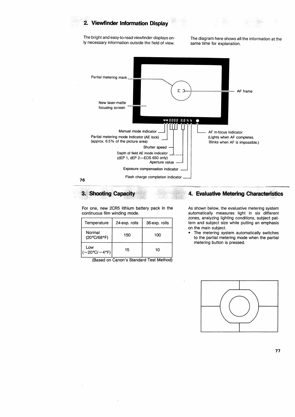 Viewfinder information display, Evaluative metering characteristics, Luj u | Canon EOS 650 User Manual | Page 41 / 45