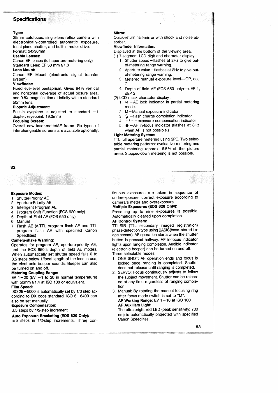 Specifications | Canon EOS 650 User Manual | Page 44 / 45
