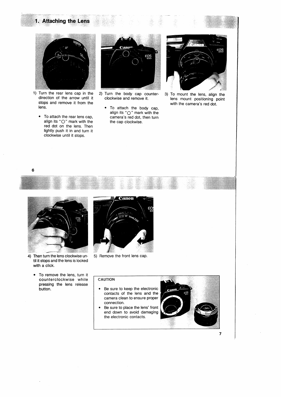 Attaching the lens | Canon EOS 650 User Manual | Page 6 / 45